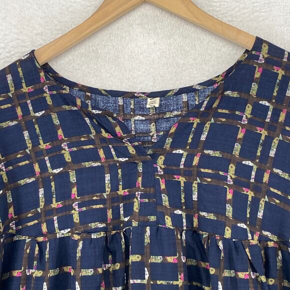 VIRABEL Blouse 3X Plus Peasant Top Check Shirred Split Neck Short Sleeve Blue - Picture 4 of 11